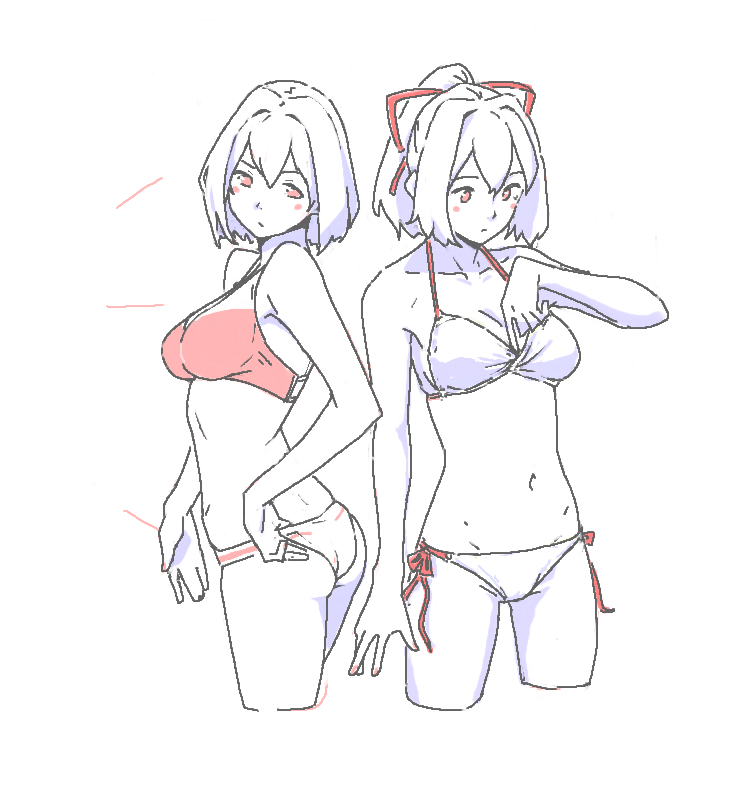 2girls adjusting_clothes adjusting_panties ass bikini blush_stickers breasts cleavage groin hair_ribbon halterneck hyuuga_(kantai_collection) ise_(kantai_collection) kantai_collection medium_breasts monochrome multiple_girls navel norakura_(nr_kura) panties ponytail ribbon side-tie_bikini side-tie_panties sketch sports_bikini spot_color swimsuit underwear