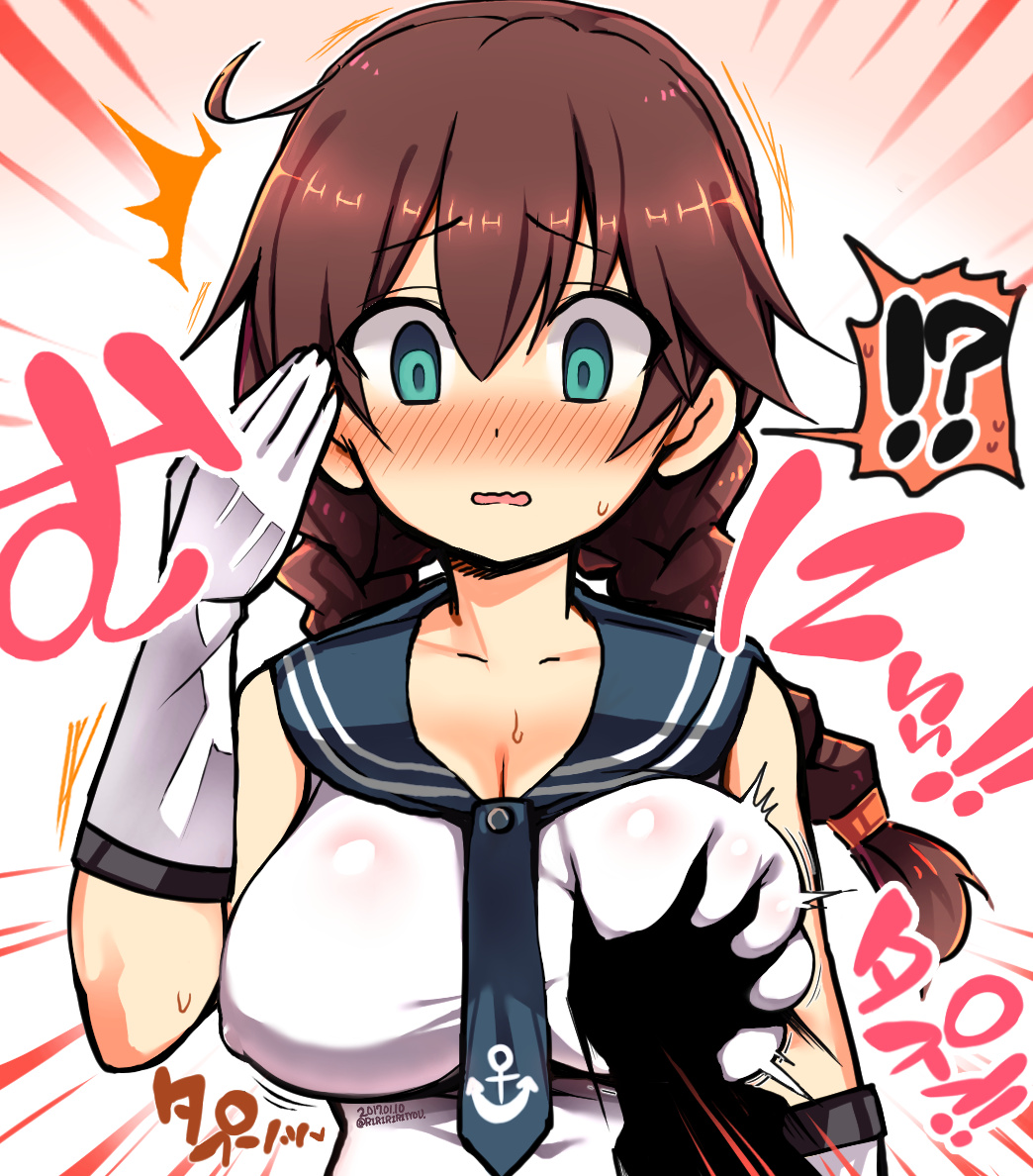 !? /\/\/\ 1girl 2017 bangs blue_eyes blush braid breast_grab breasts brown_hair dated gloves grabbing green_eyes groping kantai_collection large_breasts long_hair looking_at_viewer necktie nipples nose_blush noshiro_(kantai_collection) open_mouth richou_(zerozero1101) solo_focus surprised swept_bangs twin_braids upper_body white_gloves