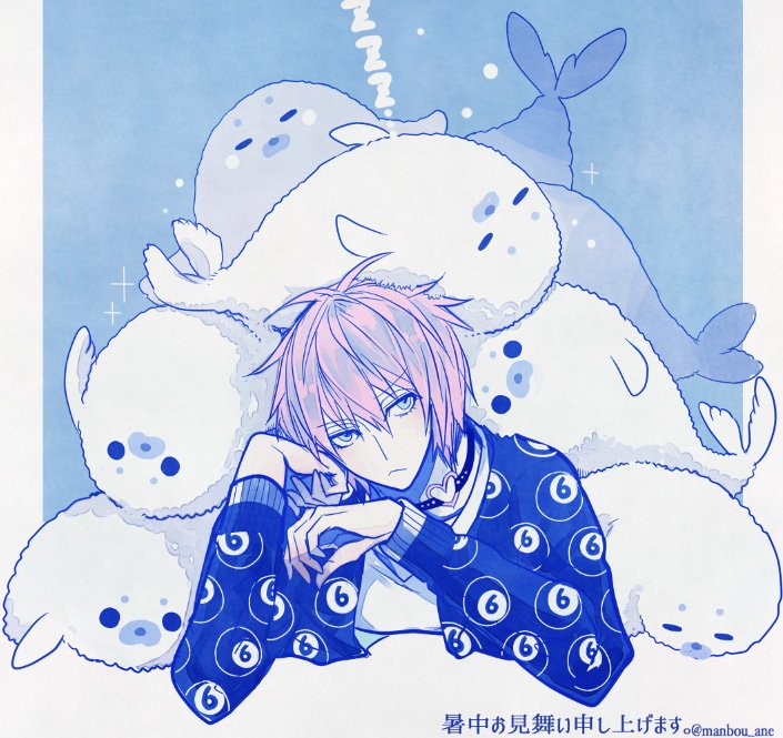 1boy 66_(roro) animal blue_background blue_eyes choker closed_eyes cue_stick heart lying male_focus manbou_no_ane on_stomach pink_hair seal simple_background sleeping tail twitter_username ukare_bakemono_no_hogaraka_na_hatan zzz