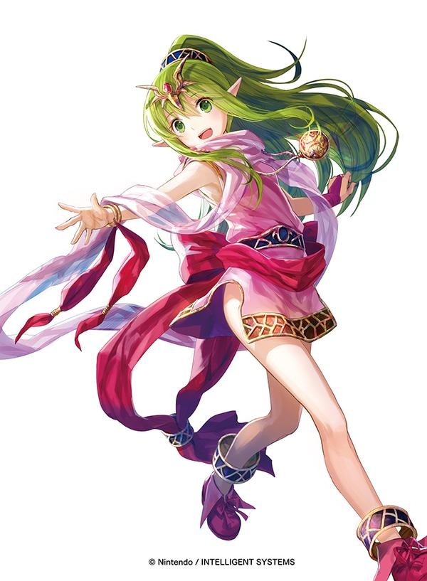 1girl artist_request chiki company_connection copyright_name dress fire_emblem fire_emblem:_ankoku_ryuu_to_hikari_no_tsurugi fire_emblem:_mystery_of_the_emblem fire_emblem_cipher green_eyes green_hair hair_ornament jewelry long_hair open_mouth pink_dress pointy_ears ponytail short_dress simple_background sleeveless smile solo white_background