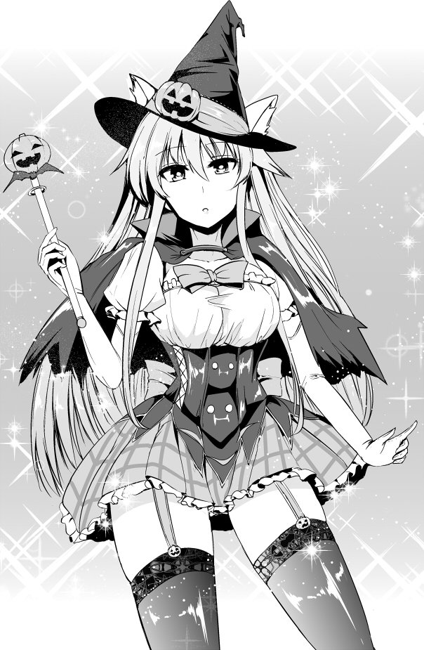 1girl :o alternate_costume animal_ears blouse bow bowtie breasts cape corset cowboy_shot dress elbow_gloves expressionless garter_straps gloves greyscale halloween halloween_costume hat hata_no_kokoro jack-o'-lantern kemonomimi_mode lace lace-trimmed_thighhighs long_hair looking_at_viewer magical_girl medium_breasts miniskirt monochrome plaid plaid_skirt puffy_short_sleeves puffy_sleeves short_sleeves sidelocks skirt solo thigh-highs touhou wand witch_hat y2