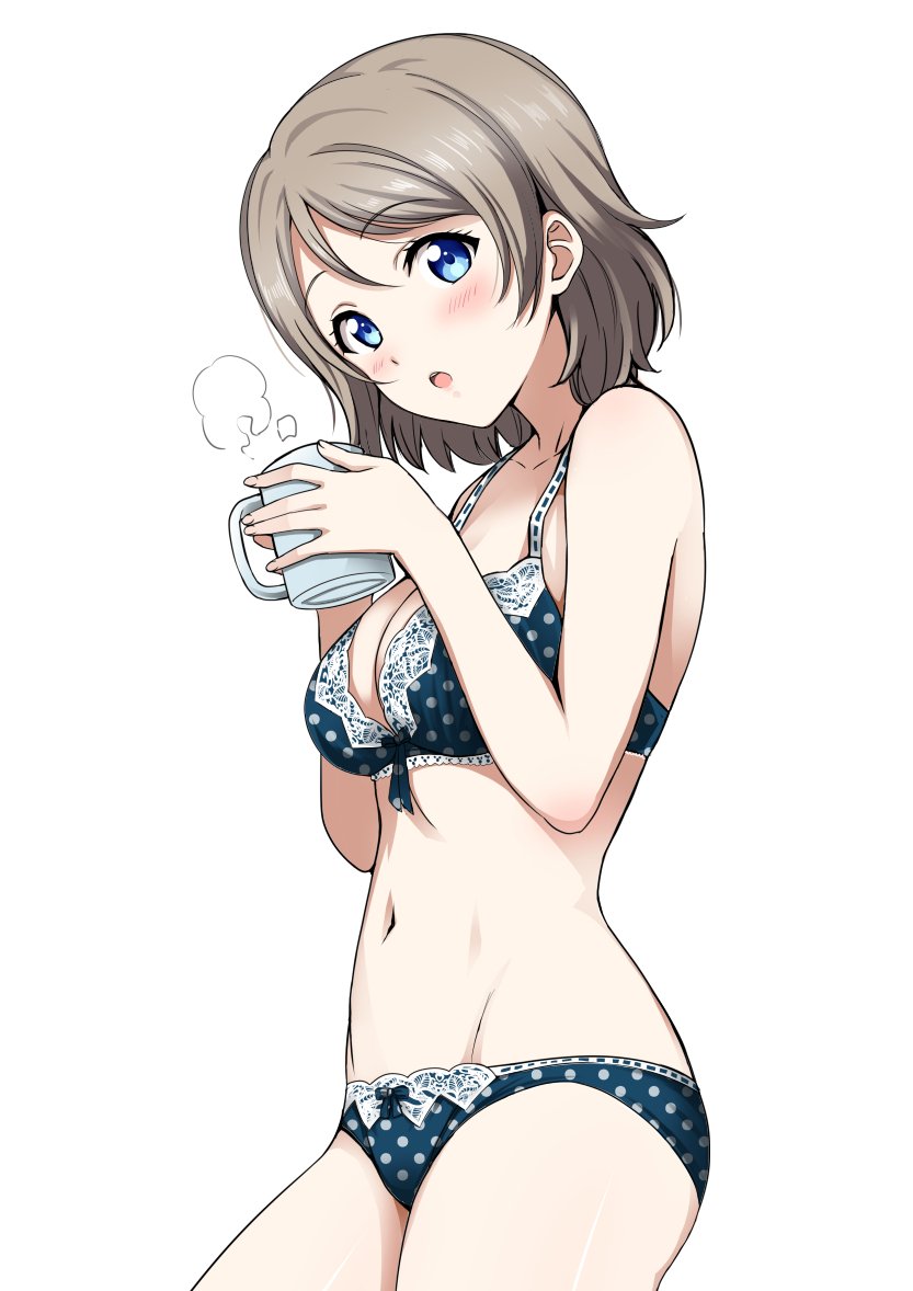 1girl blue_bra blue_eyes blue_panties blush bra breasts brown_hair collarbone commentary cowboy_shot cup eyebrows_visible_through_hair groin head_tilt holding holding_cup looking_at_viewer love_live! love_live!_sunshine!! medium_breasts navel open_mouth panties polka_dot polka_dot_bra polka_dot_panties rozen5 short_hair solo steam underwear underwear_only watanabe_you white_background