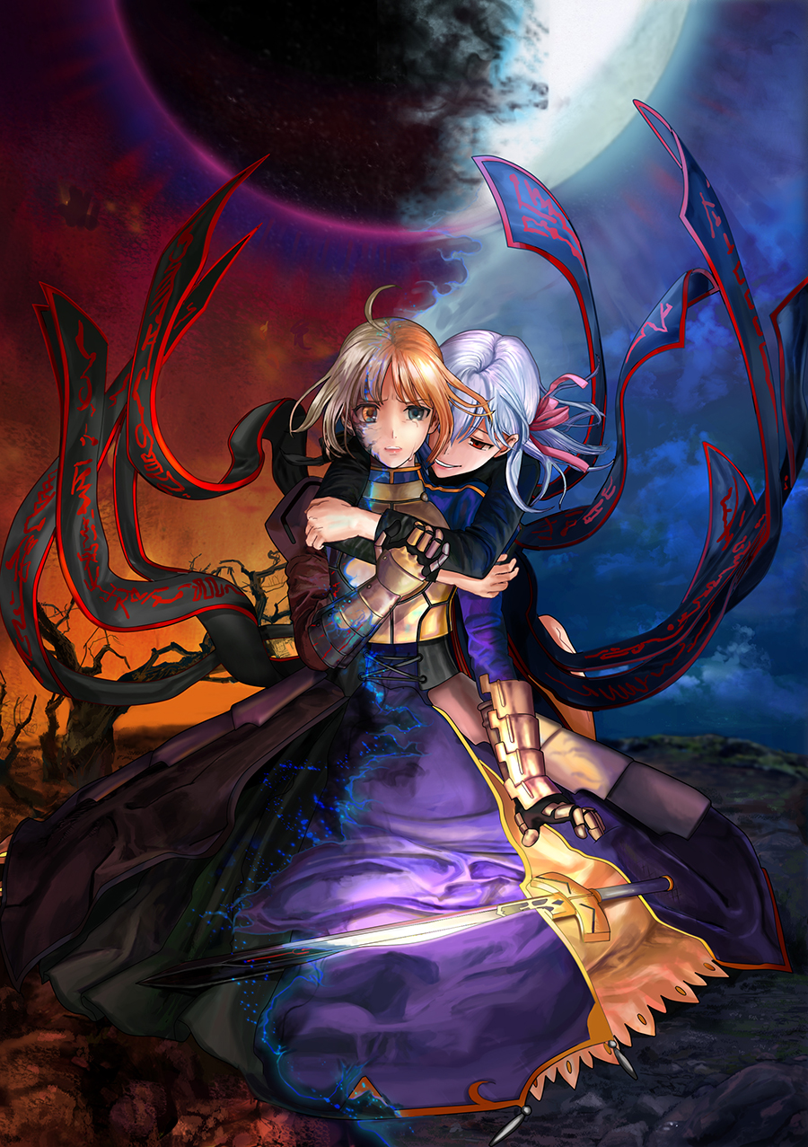 2girls ahoge armor blonde_hair corruption crying crying_with_eyes_open dark_excalibur dark_persona dark_sakura excalibur fate/stay_night fate_(series) full_moon glint green_eyes highres hug hug_from_behind juliet_sleeves long_sleeves matou_sakura moon multiple_girls puffy_sleeves red_eyes saber saber_alter smile sosori tears transformation