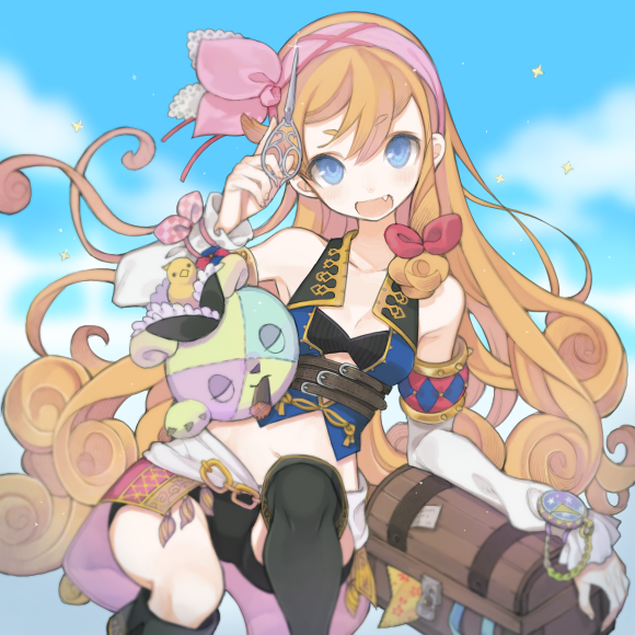 1girl belt blonde_hair blue_eyes blush boots bow breasts character_request chest cleavage curly_hair fang gloves hair_bow hairband half_gloves knee_boots long_hair navel original scissors shorts sky small_breasts solo stuffed_animal stuffed_toy tagme teddy_bear tenkuu_no_craft_fleet very_long_hair watch x_(como_mo)