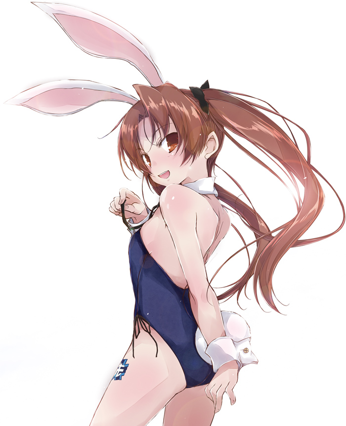 1girl animal_ears ass bare_shoulders blush breasts brown_eyes brown_hair bunny_girl bunny_tail bunnysuit cowboy_shot detached_collar girls_und_panzer kadotani_anzu long_hair looking_at_viewer matching_hair/eyes rabbit_ears simple_background small_breasts solo tail twintails white_background wrist_cuffs yumesato_makura