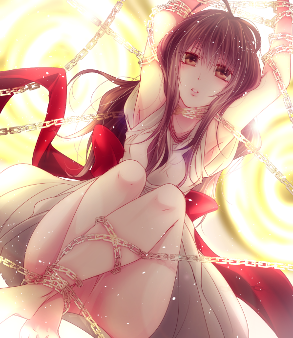1girl ahoge armpits arms_up barefoot bound brown_eyes brown_hair chains dress fate/extra fate_(series) feet_together gate_of_babylon gilgamesh kishinami_hakuno_(female) long_hair matching_hair/eyes red_ribbon restrained ribbon ryoko_(game_x_over) solo white_dress