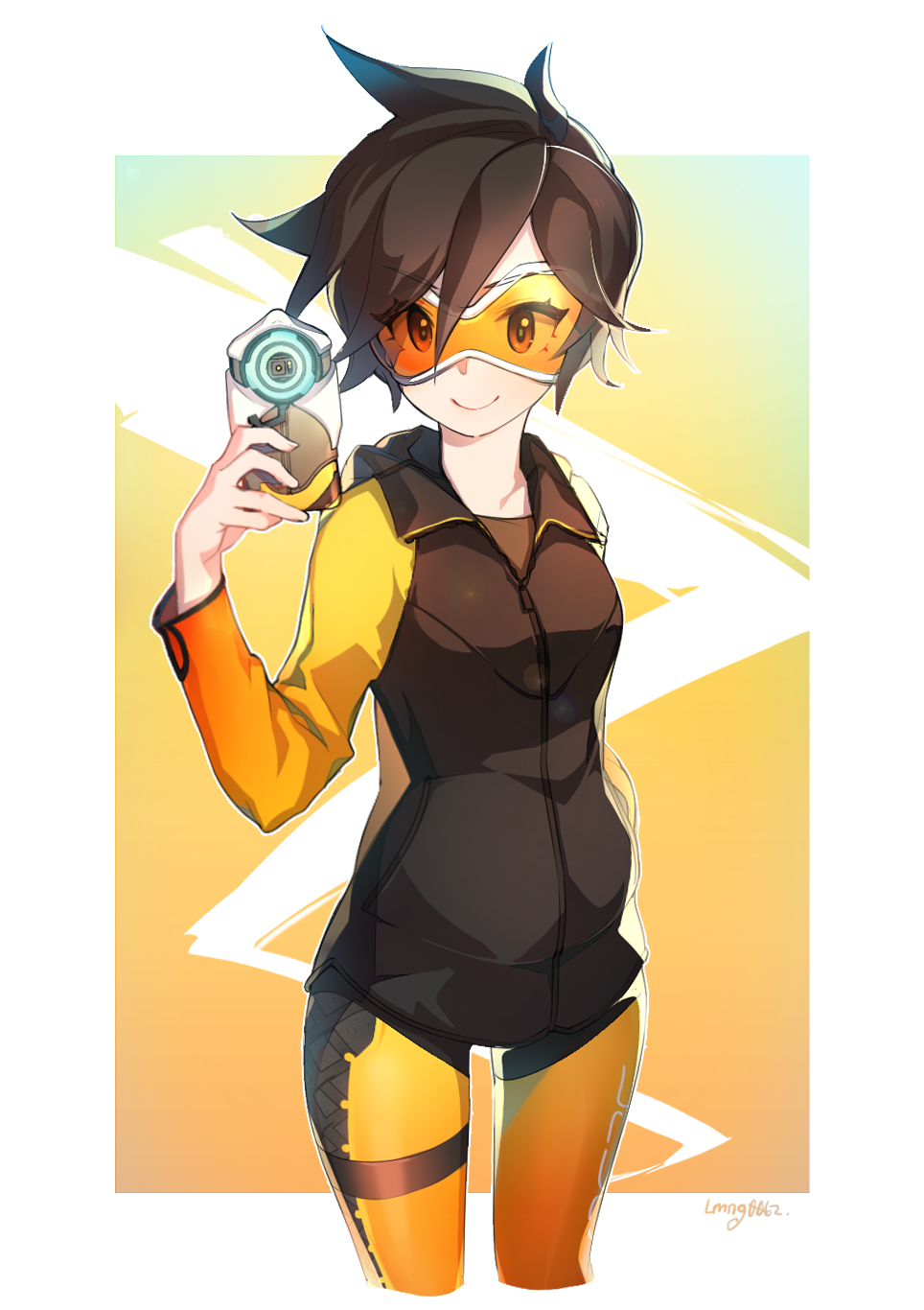 1girl adapted_costume bodysuit brown_eyes brown_hair casual cellphone cropped_legs goggles highres hood hoodie matching_hair/eyes ng_(kimjae737) orange_bodysuit overwatch phone self_shot short_hair smartphone smile solo spiky_hair tracer_(overwatch)