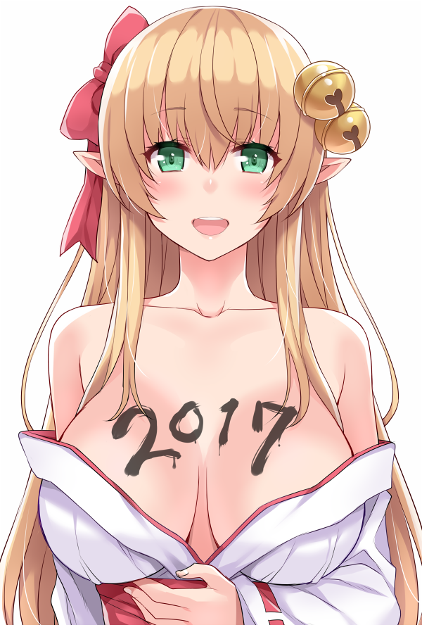 1girl 2017 :d bangs bare_shoulders bell blonde_hair blush body_writing bow breasts collarbone eyebrows_visible_through_hair fiona_belli green_eyes hair_bell hair_bow hair_ornament hair_ribbon hasu_(hk_works) japanese_clothes jingle_bell large_breasts long_hair long_sleeves looking_at_viewer meikyuu_tansaku_dragon_princess off_shoulder open_mouth pointy_ears red_bow ribbon-trimmed_sleeves ribbon_trim smile solo teeth upper_body wide_sleeves