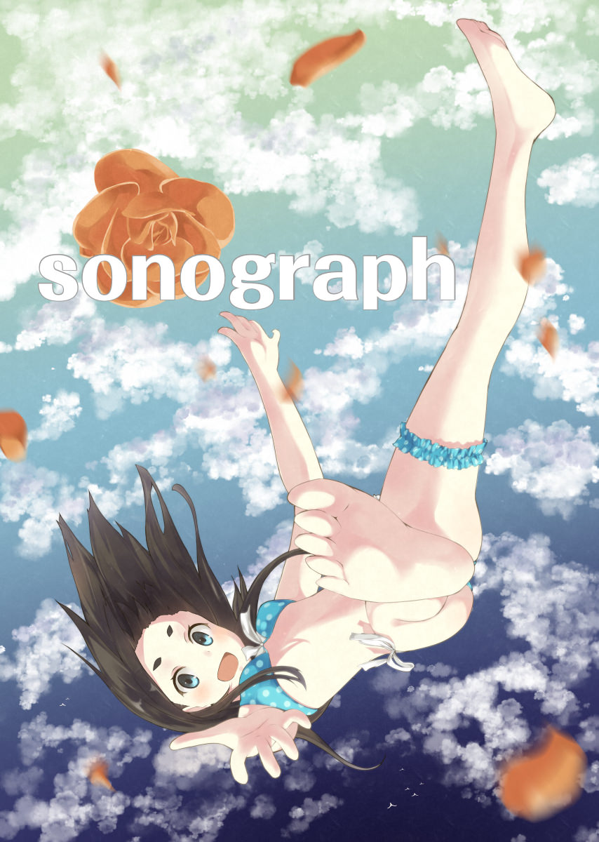 1girl :d aqua_bikini barefoot bikini black_hair blue_eyes blue_sky blush breasts circle_name clouds cloudy_sky falling feet foreshortening highres hiwatari_rin legs looking_at_viewer medium_breasts open_mouth orange_flower original outdoors outstretched_arm outstretched_hand panties petals polka_dot polka_dot_bikini side-tie_panties sky smile soles solo swimsuit thick_eyebrows thigh_strap toes underwear watermark