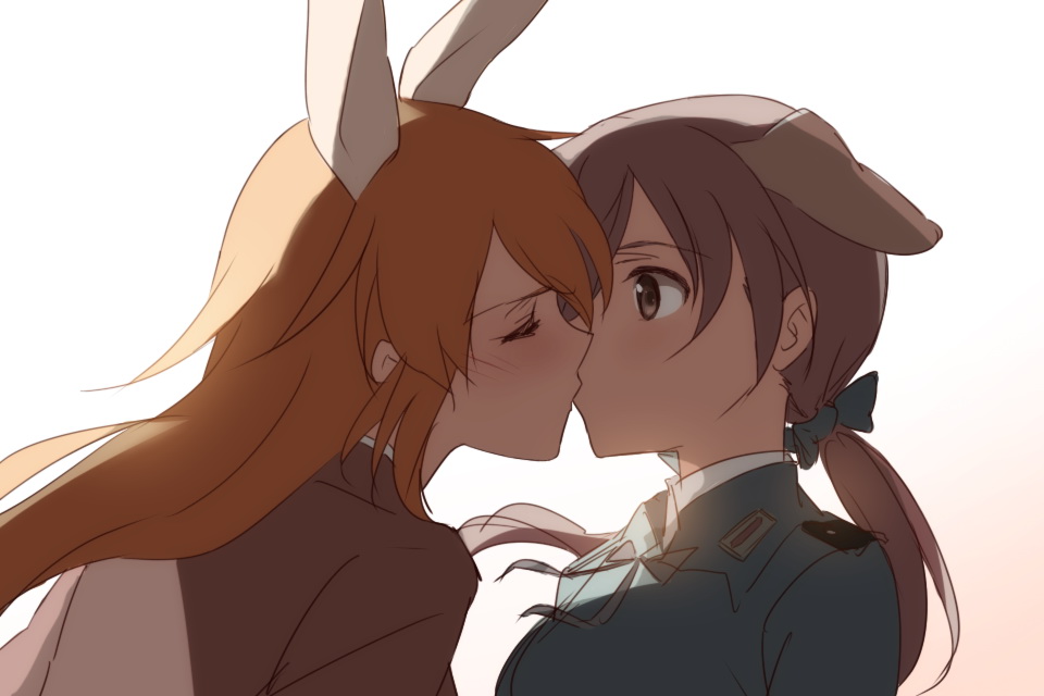 2girls animal_ears blush brown_eyes brown_hair charlotte_e_yeager closed_eyes dog_ears gertrud_barkhorn hair_ribbon kisetsu kiss long_hair military military_uniform multiple_girls orange_hair rabbit_ears ribbon strike_witches twintails uniform world_witches_series yuri