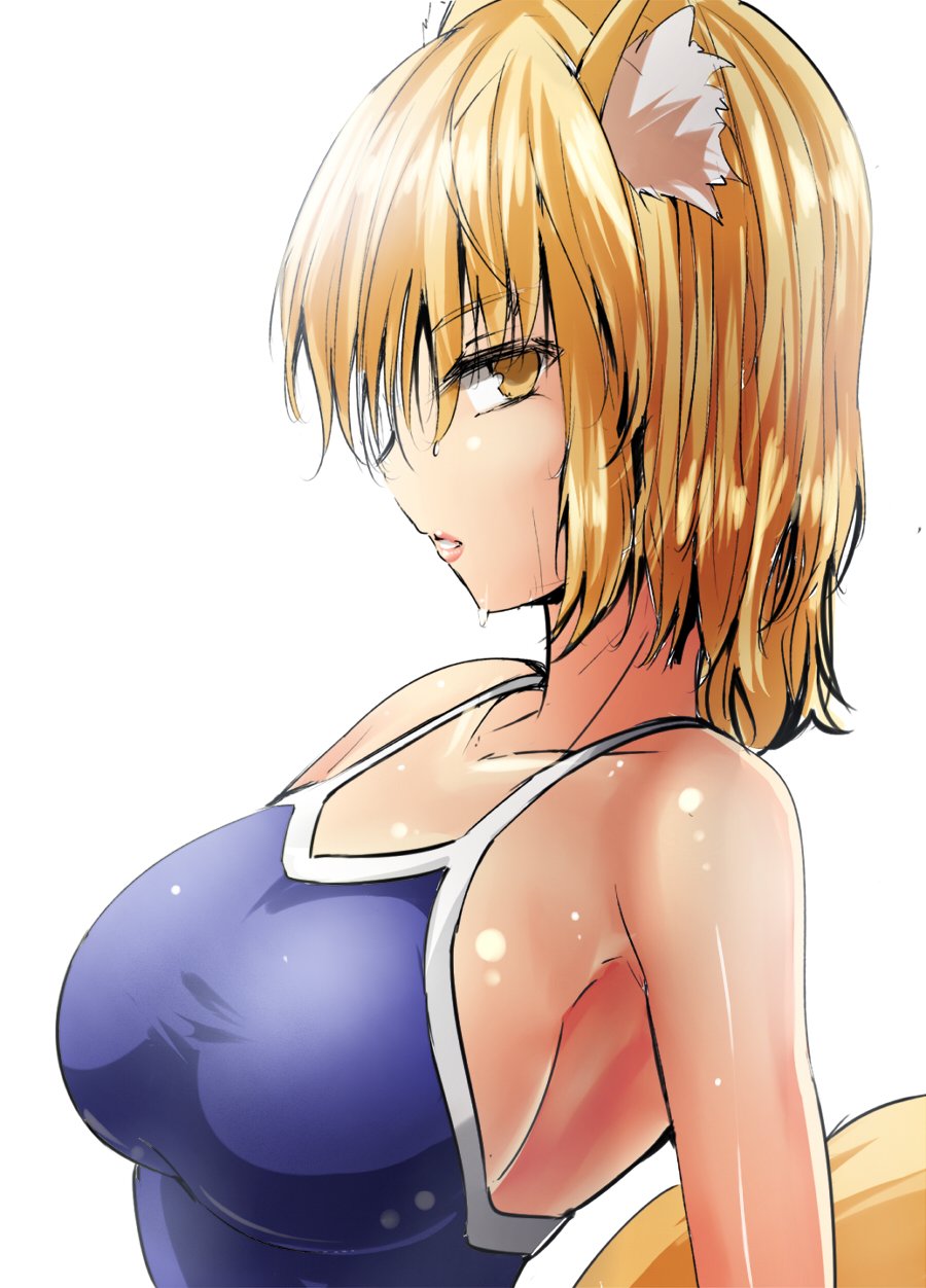 1girl alternate_costume animal_ears armpits bangs bare_arms bare_shoulders blonde_hair breasts collarbone competition_school_swimsuit fox_ears fox_tail from_side highres large_breasts looking_at_viewer looking_to_the_side no_hat no_headwear one-piece_swimsuit parted_lips profile shiny shiny_skin sideboob sidelocks solo sweat swimsuit tail taut_clothes taut_swimsuit touhou upper_body wet y2 yakumo_ran yellow_eyes