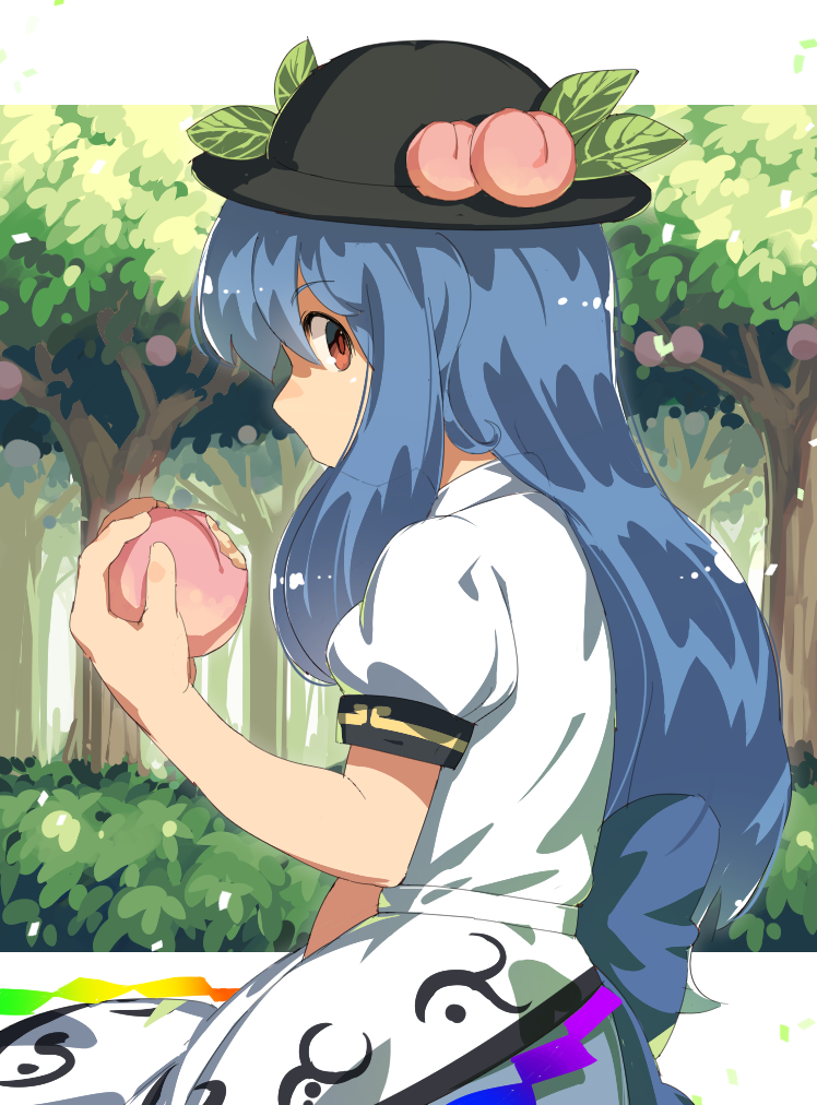 1girl blue_hair bush dress dress_shirt food food_on_head from_side fruit fruit_on_head hat hinanawi_tenshi layered_dress long_hair looking_at_viewer monosenbei object_on_head outdoors peach profile puffy_short_sleeves puffy_sleeves red_eyes sash shirt short_sleeves solo touhou tree very_long_hair
