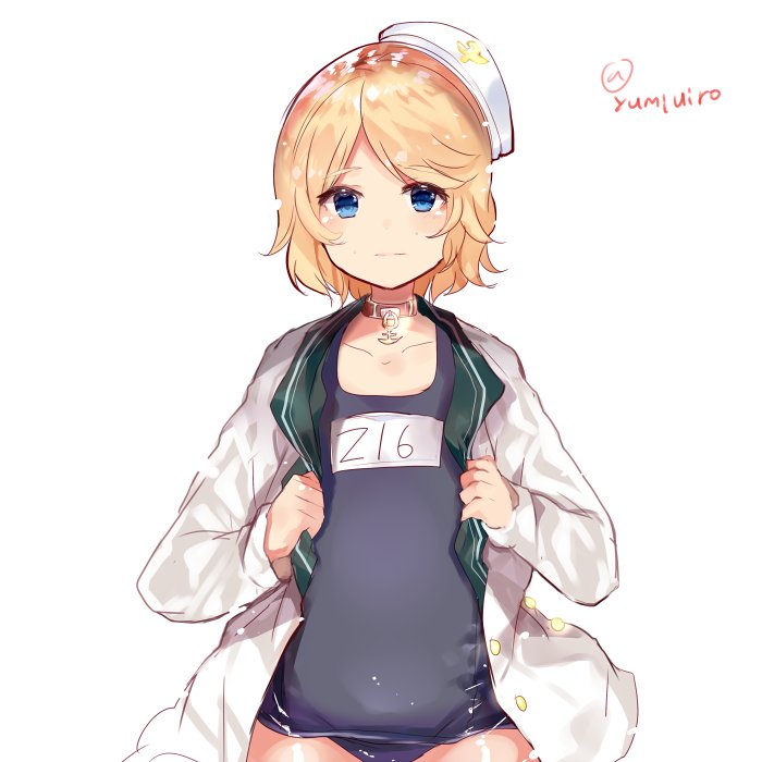1girl artist_name bangs blonde_hair blue_eyes blue_swimsuit buttons character_name closed_mouth collar collarbone hat jacket long_sleeves looking_at_viewer open_clothes open_jacket parted_bangs school_swimsuit short_hair sketch solo swimsuit swimsuit_under_clothes text twitter_username uiroutsuji_yumihiko upper_body white_background white_hat white_jacket z16_friedrich_eckoldt_(zhan_jian_shao_nyu) zhan_jian_shao_nyu