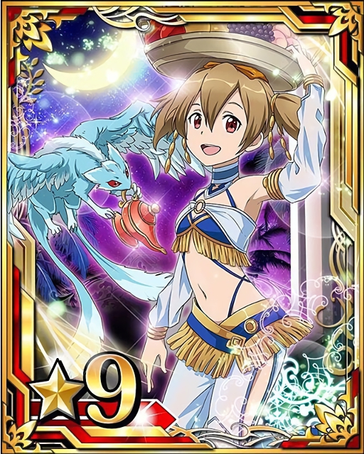 1girl armpits breasts brown_eyes brown_hair card_(medium) cleavage detached_sleeves hair_between_eyes hair_ornament holding looking_at_viewer matching_hair/eyes midriff navel o-ring_top open_mouth pina_(sao) red_eyes short_hair short_twintails silica small_breasts solo sword_art_online twintails