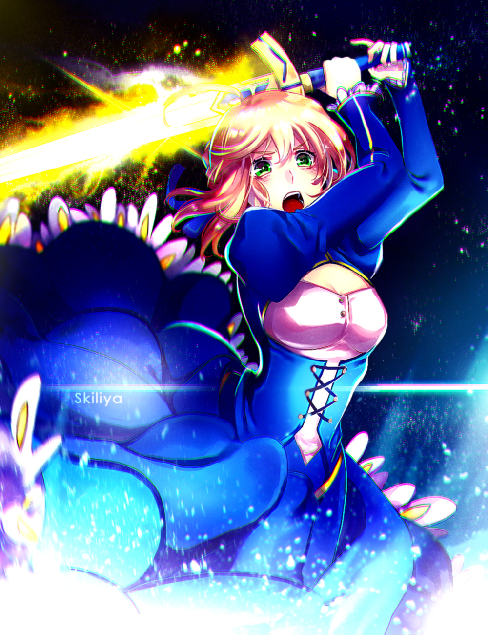 artist_name breasts chromatic_aberration cleavage cleavage_cutout corset excalibur fate/stay_night fate_(series) green_eyes highres juliet_sleeves long_sleeves open_mouth puffy_sleeves saber skillya sword weapon