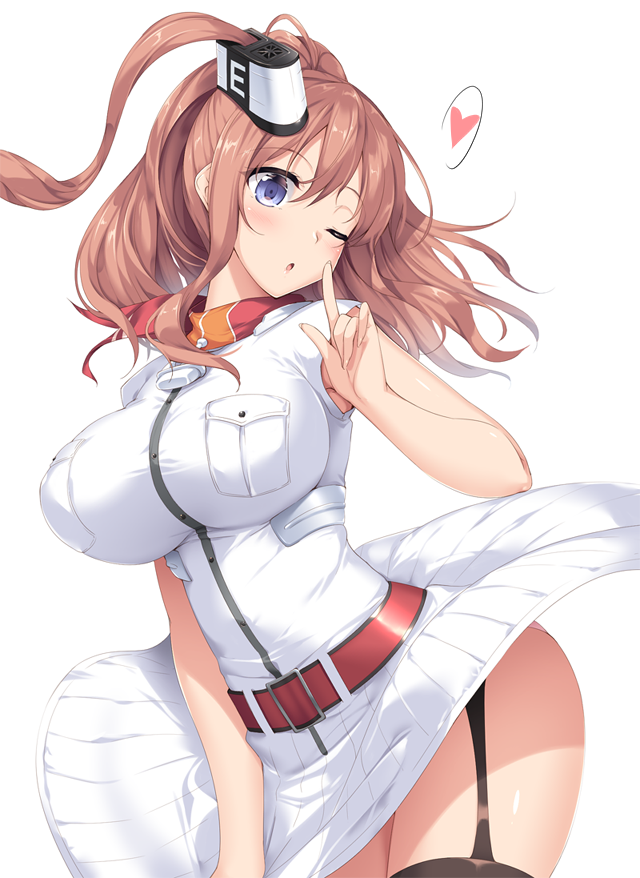 1girl anchor belt_buckle blouse blue_eyes blush breast_pocket breasts brown_hair buckle commentary_request eyebrows_visible_through_hair finger_to_mouth garter_straps heart impossible_clothes impossible_shirt kantai_collection large_breasts long_hair looking_at_viewer nakano_sora one_eye_closed pocket red_belt red_neckerchief saratoga_(kantai_collection) shirt side_ponytail simple_background skirt smokestack solo spoken_heart thigh-highs white_background white_blouse white_skirt wind wind_lift