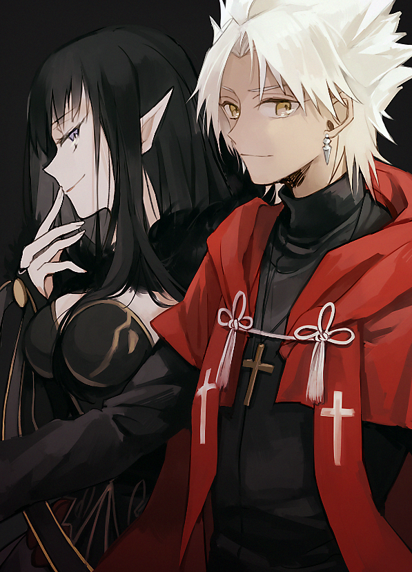 1boy 1girl assassin_of_red black_dress black_hair breasts bridal_gauntlets brown_eyes cross cross_necklace dark_skin dress earrings elbow_gloves fate/apocrypha fate_(series) fur_trim gloves jewelry kotomine_shirou large_breasts long_hair necklace pointy_ears stole white_hair wowishi