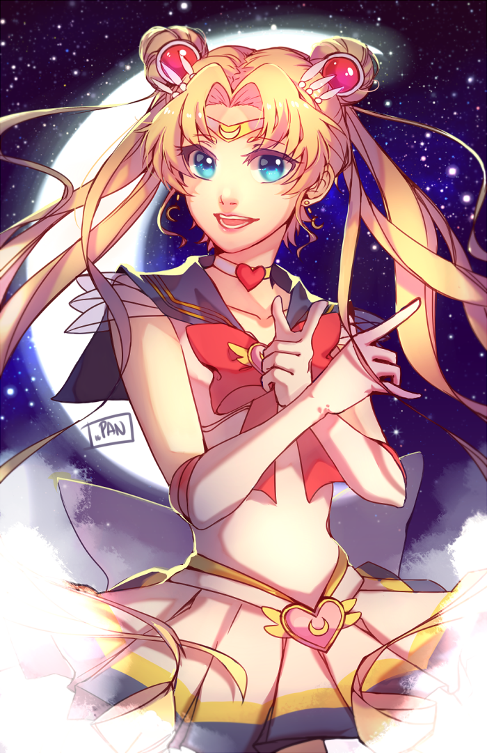 artist_name bishoujo_senshi_sailor_moon blonde_hair blue_eyes bow brooch choker crescent crescent_earrings crescent_moon crescent_moon_symbol double_bun earrings elbow_gloves gloves hair_ornament hairpin heart_choker jewelry long_hair moon multicolored_skirt open_mouth pan_(pandora_requiem) red_bow sailor_collar sailor_moon sailor_senshi sky smile star_(sky) starry_sky super_sailor_moon tiara transparent_bow transparent_sleeves tsuki_ni_kawatte_oshioki_yo tsukino_usagi twintails white_gloves