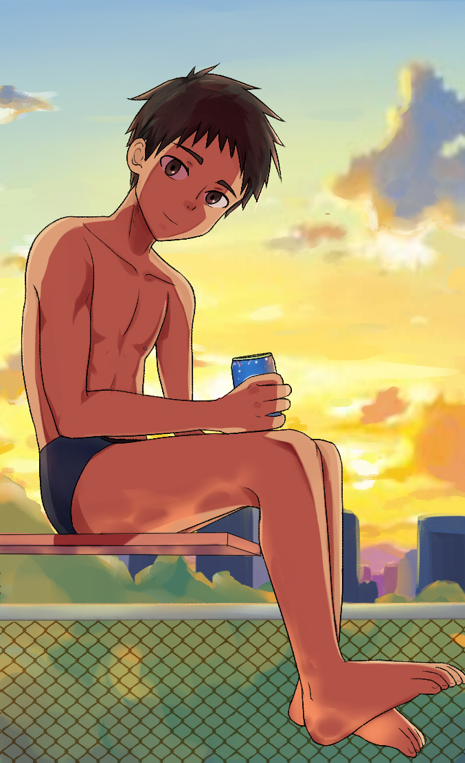 1boy barefoot board brown_eyes brown_hair can chain-link_fence diving diving_board fence lilili looking_at_viewer male_focus male_swimwear matching_hair/eyes original sitting soda_can solo swim_briefs swimwear