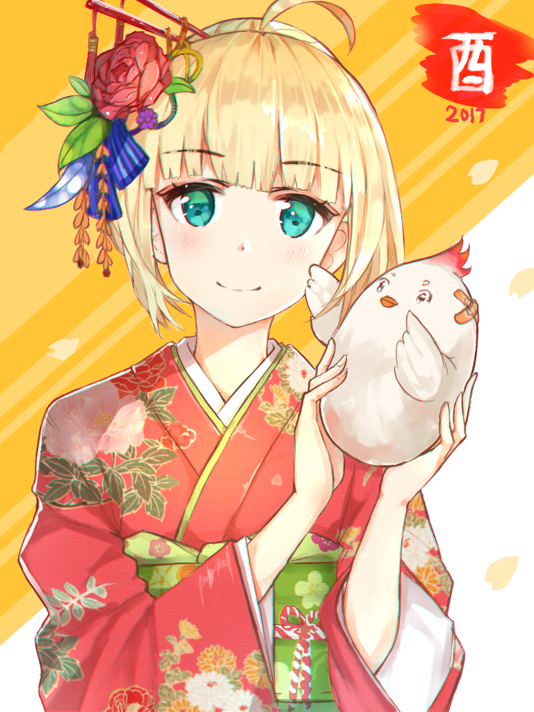 1girl 2017 ahoge alternate_costume aqua_eyes bandaid bird blonde_hair chicken eyebrows_visible_through_hair fate/stay_night fate_(series) floral_print flower furisode hair_flower hair_ornament holding japanese_clothes kimono long_sleeves looking_at_viewer nengajou new_year obi petals saber sash short_hair smile solo upper_body wide_sleeves year_of_the_rooster z_shichao