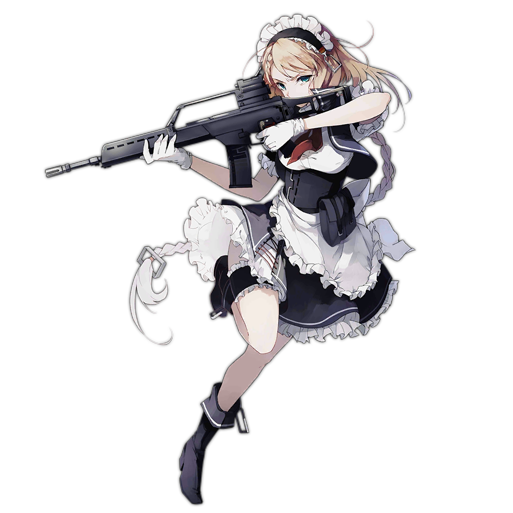 1girl apron assault_rifle blonde_hair blue_eyes braid full_body g36 g36_(girls_frontline) girls_frontline gloves gun long_hair looking_at_viewer magazine_(weapon) maid maid_apron maid_headdress official_art personification rifle skirt solo transparent_background very_long_hair weapon