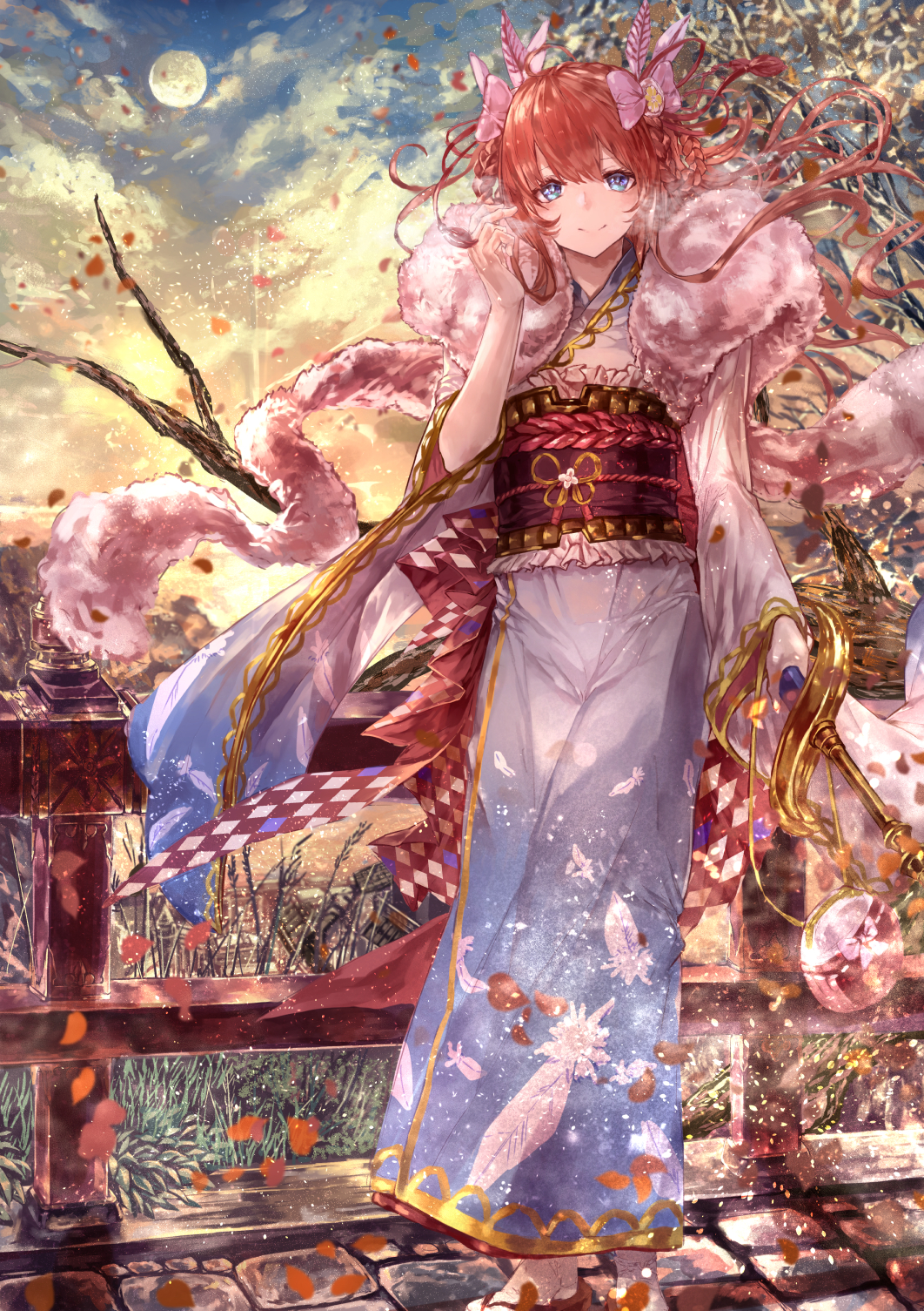 1girl alternate_costume alternate_hairstyle blue_eyes blue_kimono blurry braid bridge clouds depth_of_field feather_boa feather_print feathers full_body full_moon granblue_fantasy grass hair_between_eyes hair_tousle hair_up highres japanese_clothes kimono lecia_(granblue_fantasy) light_smile moon obi orange_hair outdoors petals sash scarf sheath sheathed signo_aaa sky solo standing stone_floor sword tree twin_braids weapon wide_sleeves