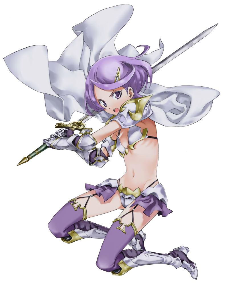 armor armored_boots bangs bikini_armor boots cape cure_sword dokidoki!_precure full_body garter_straps greaves hair_ornament kenzaki_makoto looking_at_viewer navel open_mouth precure purple_hair short_hair simple_background swept_bangs sword thigh-highs violet_eyes weapon white_background wind wind_lift