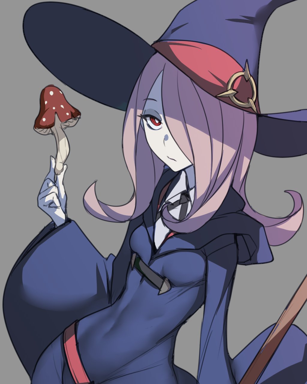 1girl ban breasts covered_navel grey_background hair_over_one_eye hat highres hood little_witch_academia long_hair looking_at_viewer mushroom purple_hair red_eyes robe simple_background solo sucy_manbabalan witch witch_hat