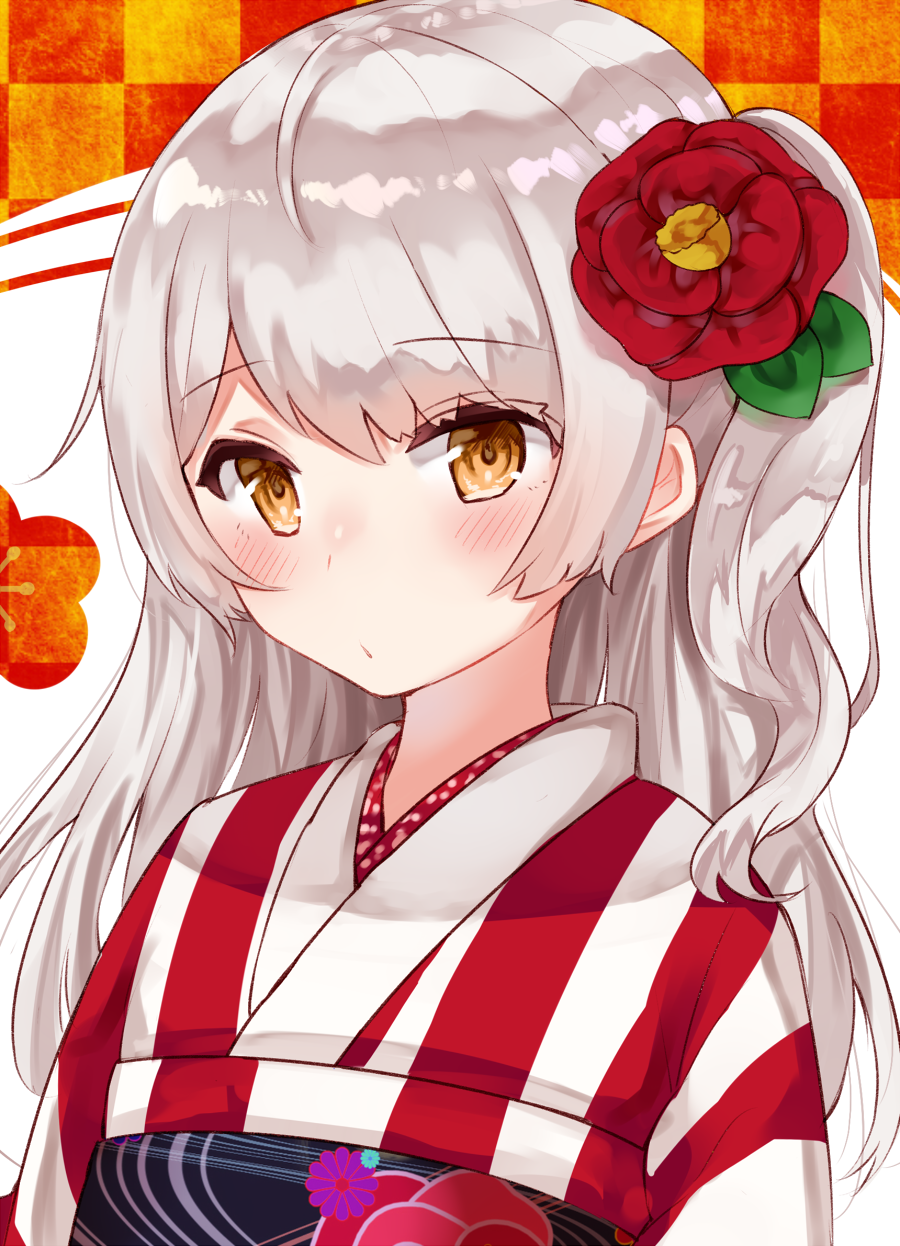 1girl ahoge bangs blush brown_eyes camellia_(flower) chiune_(yachi) closed_mouth eyebrows_visible_through_hair flower hair_flower hair_ornament highres japanese_clothes kimono long_hair looking_at_viewer obi one_side_up original pursed_lips red_flower sash side_ponytail silver_hair solo striped striped_kimono upper_body vertical-striped_kimono vertical_stripes white_kimono