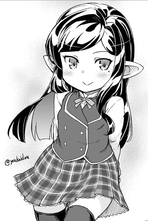 1girl arms_behind_back arulumaya black_hair black_legwear granblue_fantasy jingai_modoki long_hair monochrome plaid plaid_skirt pointy_ears school_uniform shirt skirt smile solo thigh-highs vest