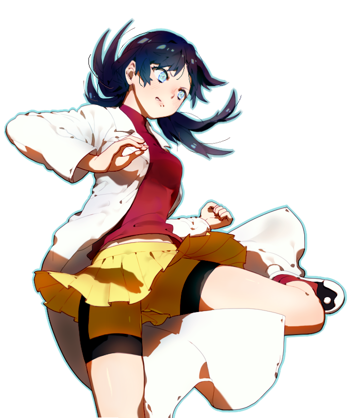 1girl bangs belly_peek bike_shorts black_hair blue_eyes blue_hair breasts clenched_hand clenched_teeth crystal_(pokemon) emje_(uncover) eyelashes gluteal_fold labcoat leg_up long_sleeves looking_away matching_hair/eyes medium_breasts miniskirt outline pleated_skirt pokemon pokemon_special shiny shiny_hair shoes shorts shorts_under_skirt skirt skirt_lift solo standing standing_on_one_leg teeth transparent_background turtleneck twintails upskirt yellow_shorts yellow_skirt