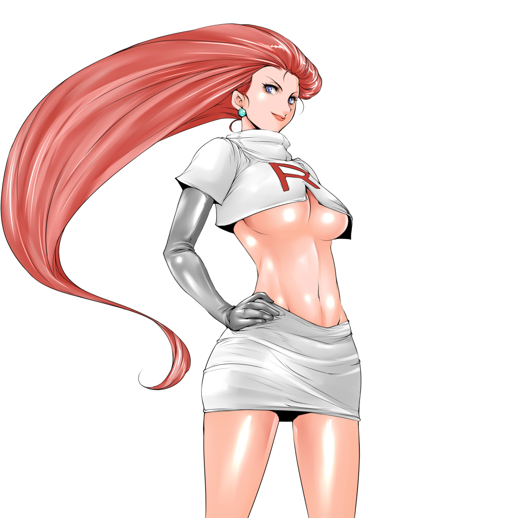 &gt;:) 1girl blue_eyes breasts closed_mouth cowboy_shot earrings elbow_gloves from_side gloves grey_gloves groin hair_slicked_back hand_on_hip jewelry large_breasts long_hair looking_at_viewer looking_to_the_side midriff musashi_(pokemon) navel pokemon pokemon_(anime) redhead shiny shiny_skin short_sleeves skirt smile solo stomach team_rocket tuna21 under_boob very_long_hair white_background white_skirt
