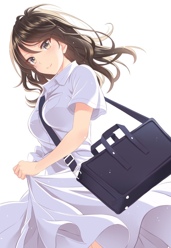 1girl alternate_costume bag blush breasts brown_eyes brown_hair casual commentary_request dress fumika_asano girls_und_panzer long_hair looking_at_viewer matching_hair/eyes mika_(girls_und_panzer) smile solo white_dress