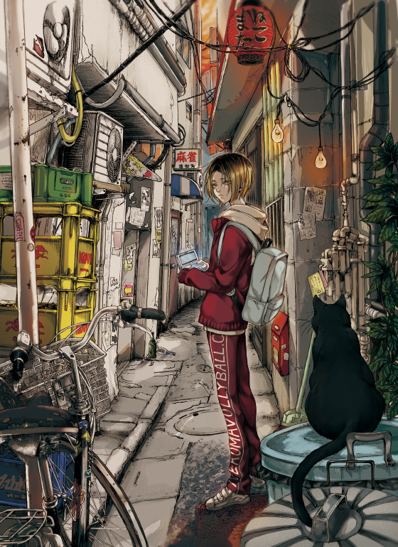 1boy air_conditioner alley animal banner beer_crate bicycle black_cat blonde_hair blurry bottle broom building cable cat city clothes_writing crack depth_of_field door drainpipe fan frown game_console ground_vehicle haikyuu!! hair_between_eyes holding jacket kozume_kenma lantern light_bulb looking_at_viewer mailbox male_focus manhole_cover midoripurin orange_sky outdoors pants paper_lantern plant pornography poster_(object) power_lines red_jacket red_pants road shoes sky sleeves_past_wrists stack standing street tape torn_paper trash_can twilight utility_pole wall white_shoes yellow_eyes