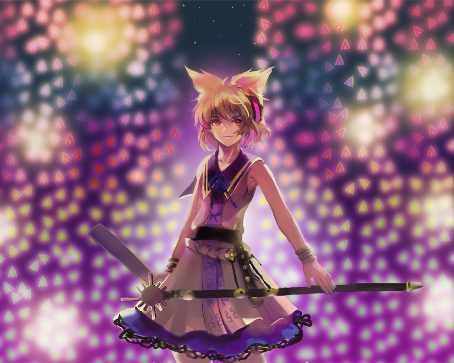 1girl belt bracelet brown_eyes brown_hair danmaku earmuffs jewelry outb pink_clothes pointy_hair purple_skirt ritual_baton sheath sheathed skirt sword touhou toyosatomimi_no_miko weapon