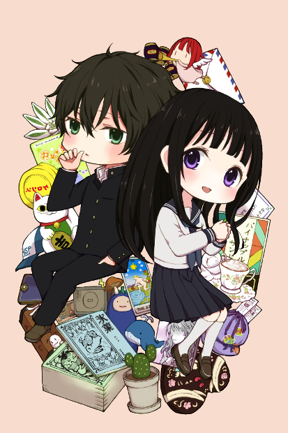 1boy 1girl bag bangs black_hair blunt_bangs book cactus card chibi chitanda_eru chocolate chocolate_heart cup envelope gakuran green_eyes heart hyouka maneki-neko messy_hair oreki_houtarou sagami_gumi satchel saucer school_uniform serafuku shoulder_angel tarot teacup violet_eyes whale