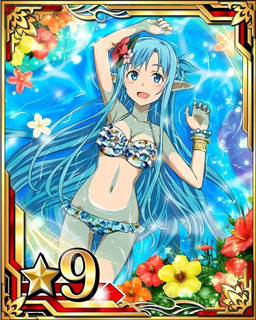 1girl arm_up asuna_(sao-alo) bikini blue_eyes blue_hair bracelet breasts card_(medium) cleavage collarbone flower frilled_bikini frills from_above hair_flower hair_ornament jewelry long_hair looking_at_viewer lying matching_hair/eyes medium_breasts navel number on_back open_mouth orange_flower partially_submerged pointy_ears red_flower solo star swimsuit sword_art_online yellow_flower