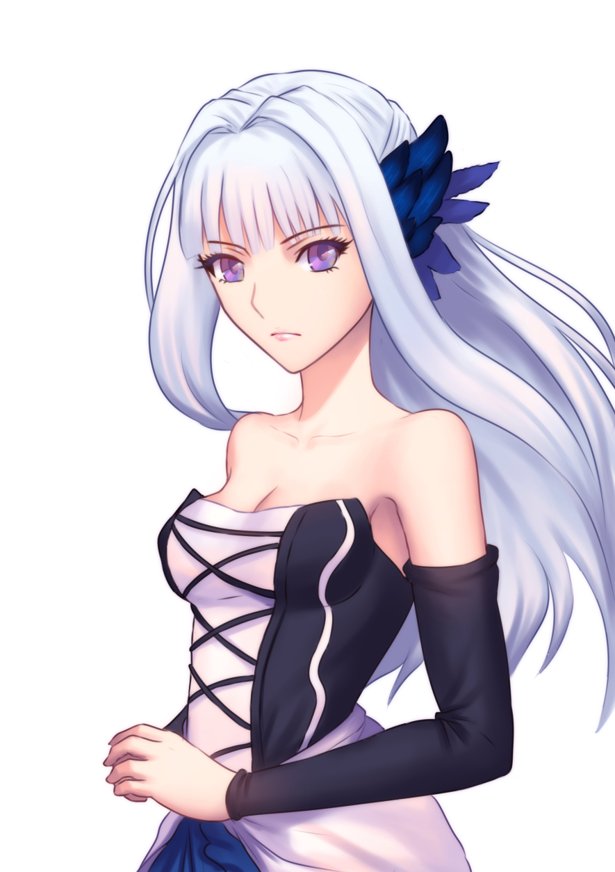 1girl arm bare_shoulders black_detached_sleeves breasts cleavage collarbone cross-laced_clothes detached_sleeves fateline_alpha feathers female gwendolyn hair_intakes hair_ornament head_feathers highres lips looking_at_viewer medium_breasts neck odin_sphere serious silver_hair simple_background solo strapless violet_eyes white_background