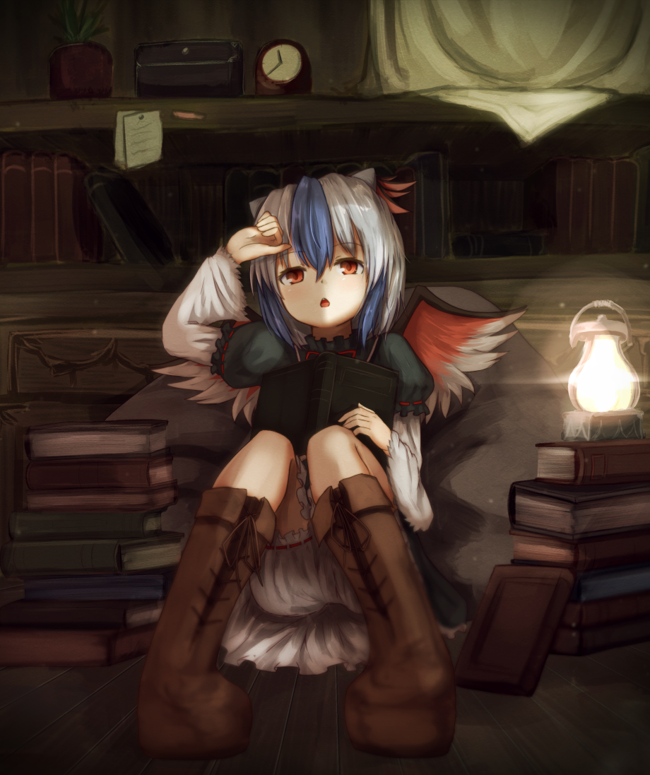 1girl bangs baram bird_wings bloomers blue_hair book book_stack bookshelf boots brown_boots clock cross-laced_footwear dress full_body hair_between_eyes holding holding_book lace-up_boots lantern looking_at_viewer multicolored_hair open_book open_mouth plant potted_plant puffy_short_sleeves puffy_sleeves red_eyes short_hair short_sleeves silver_hair solo tokiko_(touhou) touhou triangle_mouth two-tone_hair underwear wings