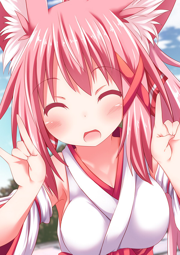 1girl animal_ears blush breasts cleavage closed_eyes daidai_ookami fox_ears hair_ornament hair_ribbon japanese_clothes kazamatsuri_kazari large_breasts long_hair looking_at_viewer miko open_mouth original pink_hair ribbon smile solo