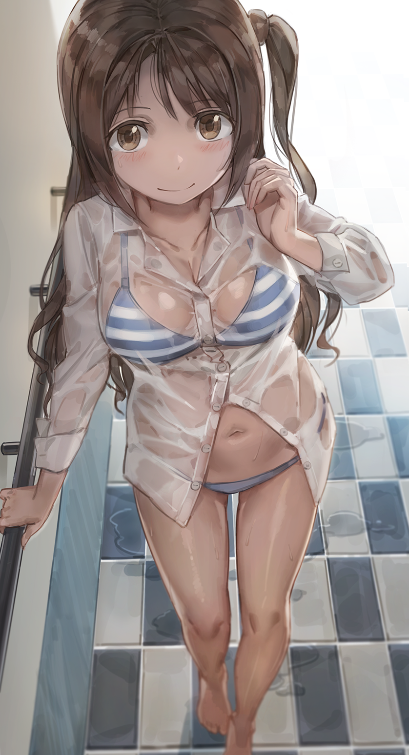 1girl bikini bikini_under_clothes blue_bikini blurry blush bra breasts brown_eyes brown_hair checkered checkered_floor cleavage closed_mouth collarbone collared_shirt depth_of_field dress_shirt from_above highres idolmaster idolmaster_cinderella_girls legs light_smile long_hair looking_at_viewer matching_hair/eyes medium_breasts navel no_pants one_side_up panties perspective railing see-through shimamura_uzuki shiny shiny_skin shirt side_ponytail smile solo standing striped striped_bikini striped_bra swimsuit swimsuit_under_clothes thighs underwear water wet wet_clothes wet_shirt yohan1754