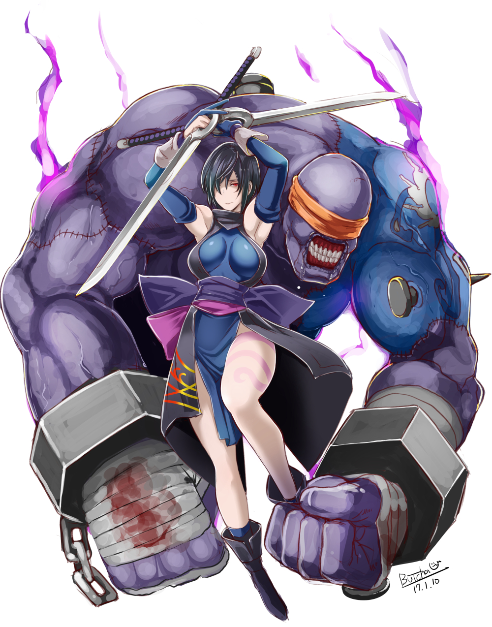 1boy 1girl ankle_boots armpits arms_up black_hair blindfold blue_skin boots breasts butcha-u coattails commentary_request detached_sleeves dual_wielding full_body gandara gandara_(samurai_spirits) gloves granblue_fantasy hair_over_one_eye highres large_breasts monster monster_boy muscle ninja no_bra obi partly_fingerless_gloves pelvic_curtain purple_skin red_eyes reverse_grip samurai_spirits sash scarf shiki_(samurai_spirits) short_hair single_glove skin_tight sword tattoo weapon