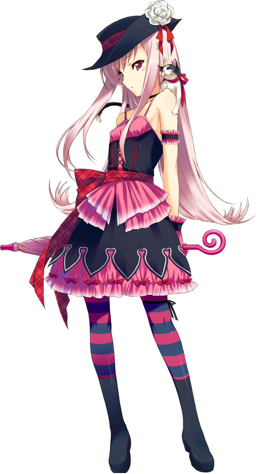 1girl animal blush boots bow bowtie breasts cat dress frills full_body gloves hat highres holding kawata_hisashi lolita_fashion long_hair looking_at_viewer lucy_maria_misora open_mouth pink_hair red_eyes small_breasts striped striped_legwear to_heart_2 to_heart_2_dungeon_travelers transparent_background umbrella