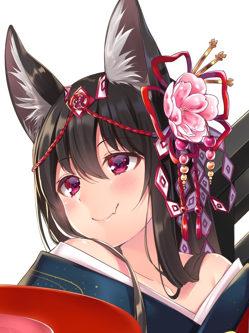 1girl alcohol animal_ears bangs black_hair blush close-up collarbone cup eyebrows_visible_through_hair fang_out flower fox_ears fox_girl hair_between_eyes hair_flower hair_ornament japanese_clothes jiiwara kanzashi kimono kimono_pull long_hair looking_to_the_side original pink_flower red_eyes sakazuki sake simple_background smile solo upper_body white_background