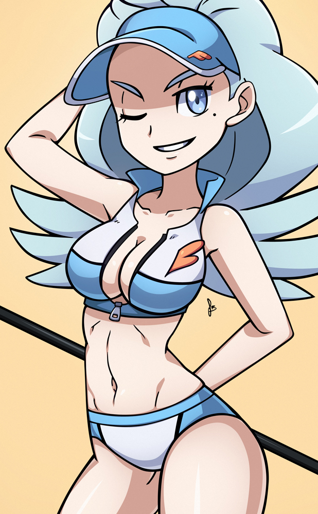 &gt;;) 1girl ;) adapted_costume ahoge arm_behind_back arm_behind_head bare_arms bikini blue_eyes blue_hair blue_hat breasts cleavage collarbone cowboy_shot elite_four feathers golf_club grin groin hat kahili_(pokemon) long_hair looking_at_viewer matching_hair/eyes medium_breasts mole mole_under_eye navel npc_trainer one_eye_closed pin pokemon pokemon_(game) pokemon_sm popped_collar scott_bennett signature simple_background smile solo standing striped striped_bikini swimsuit unzipped visor_cap yellow_background zipper