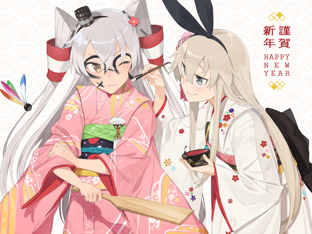 2girls adjusting_sleeves amatsukaze_(kantai_collection) blonde_hair bow bowl facepaint grey_eyes hagoita hair_bow hanetsuki happy_new_year hayashi_kewi japanese_clothes kantai_collection kimono leaning_forward looking_at_another multiple_girls new_year paddle paintbrush shimakaze_(kantai_collection) smirk wavy_mouth wide_sleeves wince yellow_eyes