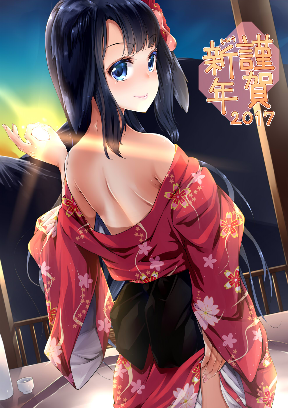 1girl 2017 alcohol amasora_taichi back bangs black_hair blue_eyes cowboy_shot cup eyebrows_visible_through_hair floral_print flower from_behind hair_flower hair_ornament happy_new_year highres japanese_clothes kimono long_hair looking_back nengajou new_year obi off_shoulder original sakazuki sake sash sidelocks smile solo translated