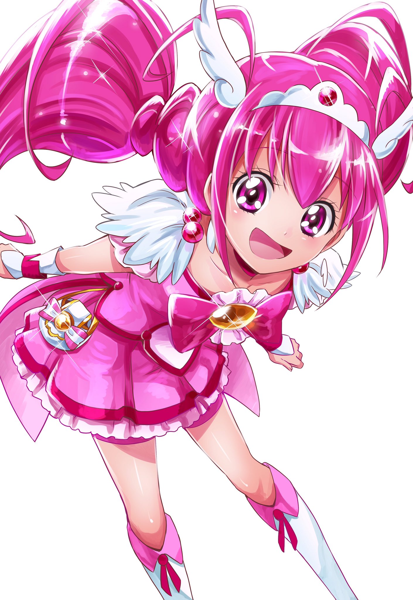 1girl :d bike_shorts boots bow choker cure_happy dress earrings eyelashes hair_bow hair_ornament happy highres hoshizora_miyuki jewelry knee_boots kneehighs long_hair looking_at_viewer magical_girl open_mouth pink_dress pink_eyes pink_hair pink_shorts precure ribbon sharumon shorts shorts_under_dress simple_background smile smile_precure! solo standing twintails very_long_hair white_background white_legwear wrist_cuffs