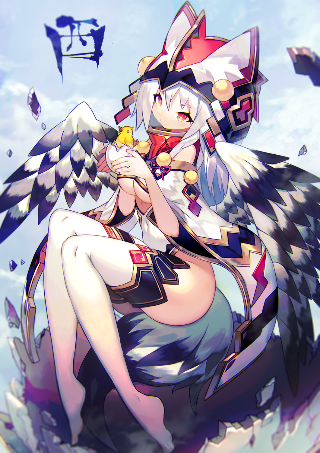 +_+ 1girl bangs bird blue_sky breasts chick cleavage closed_mouth covered_navel day egg eyebrows_visible_through_hair feathered_wings hair_between_eyes highres hood large_breasts mamuru no_shoes original outdoors personification red_eyes sitting sky smile solo tail thigh-highs white_hair white_legwear wings year_of_the_rooster