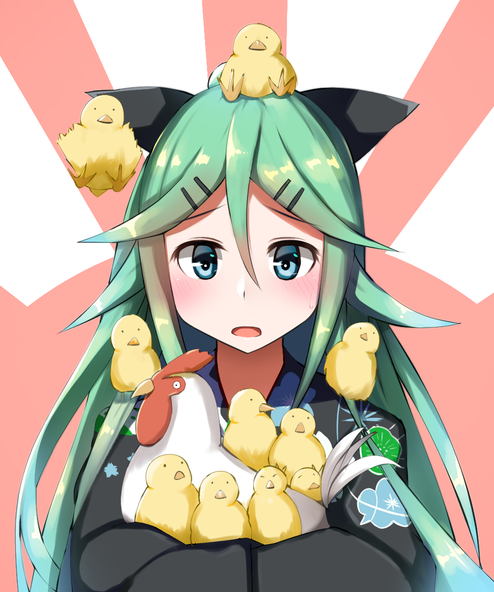 1girl alternate_costume animal bird chick chicken commentary_request green_eyes green_hair hair_ornament hair_ribbon hairclip highres japanese_clothes kantai_collection kimono lerche long_hair looking_at_viewer ribbon rooster sitting sitting_on_head sitting_on_person sweatdrop yamakaze_(kantai_collection) yukata